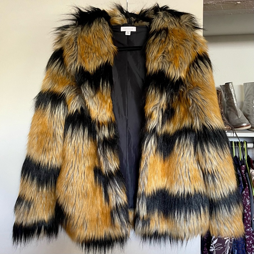 Topshop Fabulous Tiger Multi Color Faux Fur Jacket Coat sz 6